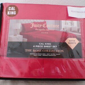 JUICY COUTURE CAL KING RED SATIN SHEET SET Rose Collection NEW